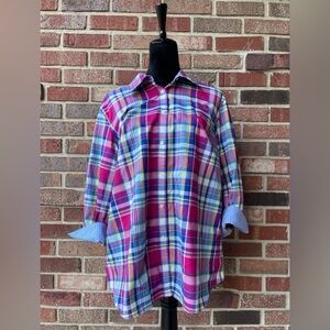 Chaps Womens Plus 1X No Iron Blue Pink Plaid Cotton Shirt Button 3/4 Sleeve